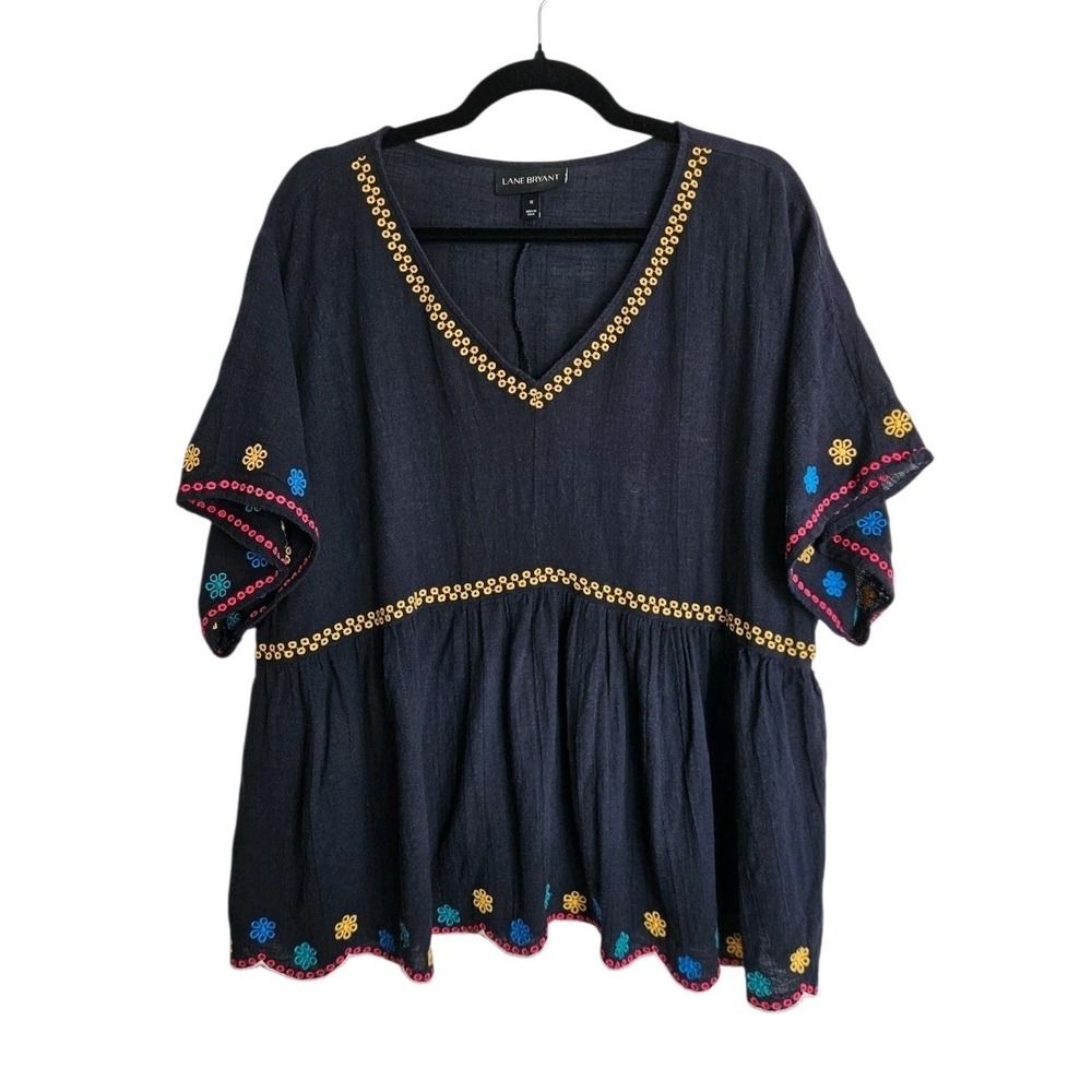 Lane Bryant Women's Top Sz 18 Navy Blue V Neck Floral Embroidered Top Flowy Boho